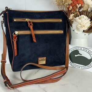 Dooney & Bourke Dark Navy Blue Suede Triple Zip Crossbody Bag with TanBrown Trim